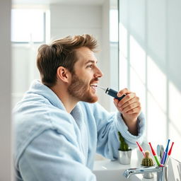A man in the bathroom brushing his teeth