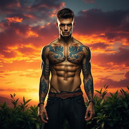 An artistic representation of a sleek, muscular male figure with a confident stance, highlighting the harmony of form and strength
