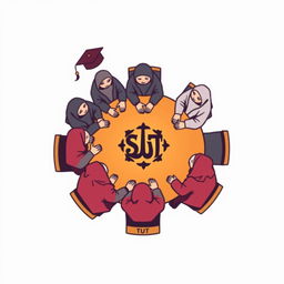 A simple and vibrant logo design featuring several male and female students, all in hijabs, sitting around a round table