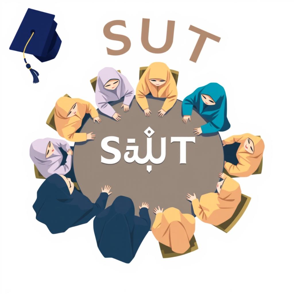 A simple and vibrant logo design featuring several male and female students, all in hijabs, sitting around a round table