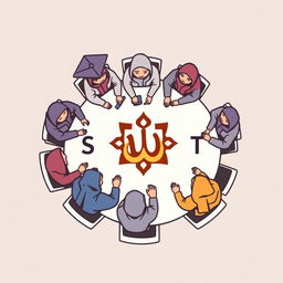 A simple and vibrant logo design featuring several male and female students, all in hijabs, sitting around a round table