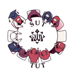 A simple and vibrant logo design featuring several male and female students, all in hijabs, sitting around a round table