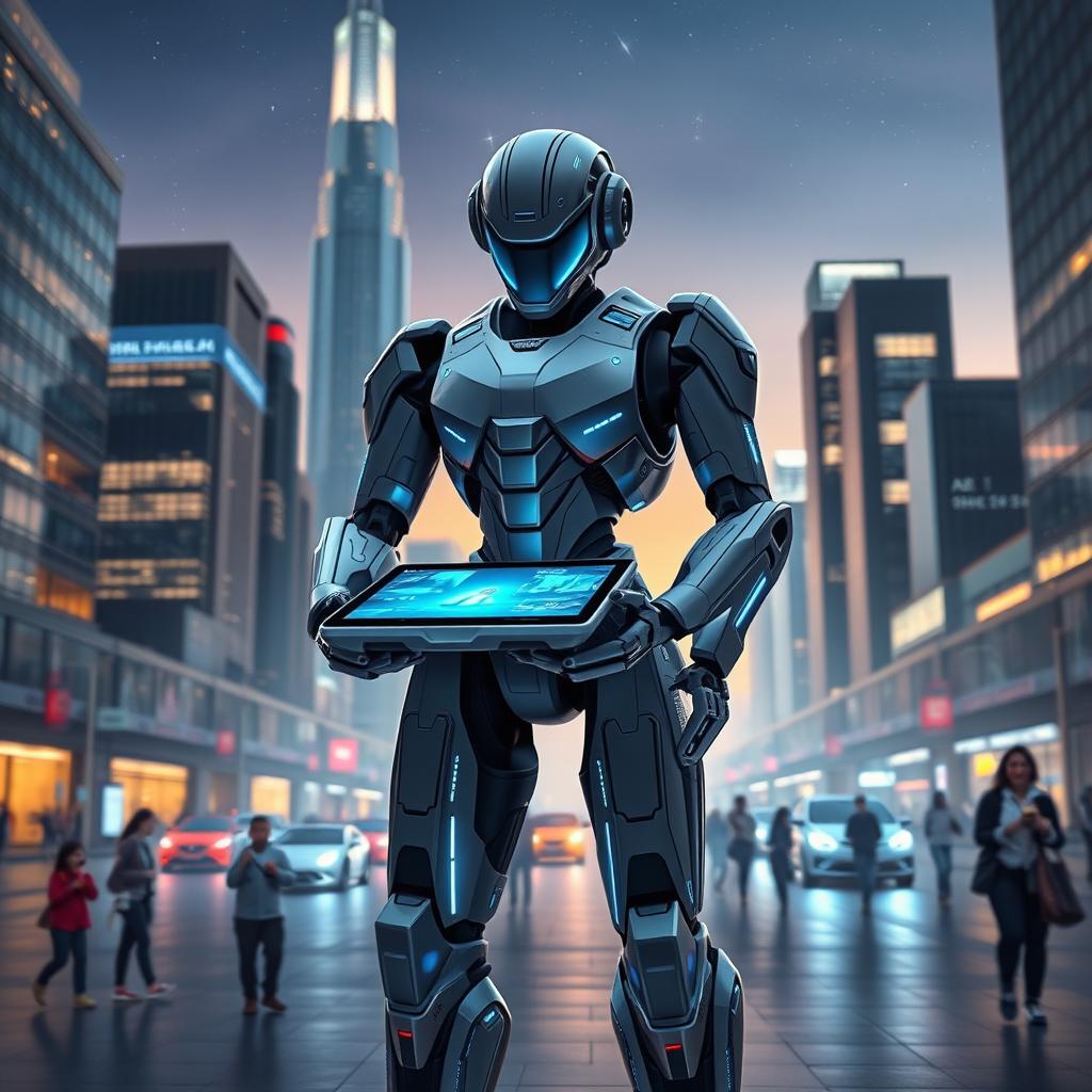 An intricately designed futuristic robot, standing in a sleek modern cityscape at twilight, showcasing advanced technology with glowing blue and silver accents