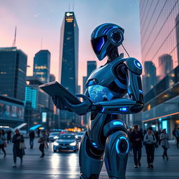 An intricately designed futuristic robot, standing in a sleek modern cityscape at twilight, showcasing advanced technology with glowing blue and silver accents