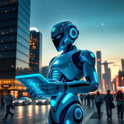 An intricately designed futuristic robot, standing in a sleek modern cityscape at twilight, showcasing advanced technology with glowing blue and silver accents