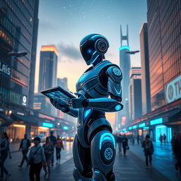 An intricately designed futuristic robot, standing in a sleek modern cityscape at twilight, showcasing advanced technology with glowing blue and silver accents