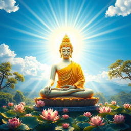 A serene and vivid depiction of Lord Buddha seated peacefully in meditation, surrounded by rays of divine light emanating from God Surya, the Sun God, who is depicted as a radiant figure with golden robes and sun-like features