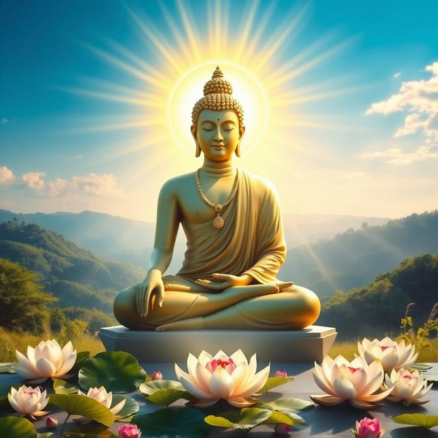 A serene and vivid depiction of Lord Buddha seated peacefully in meditation, surrounded by rays of divine light emanating from God Surya, the Sun God, who is depicted as a radiant figure with golden robes and sun-like features