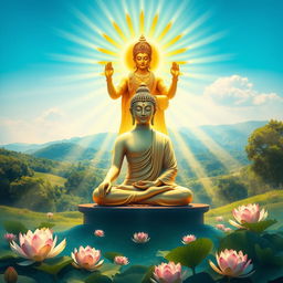 A serene and vivid depiction of Lord Buddha seated peacefully in meditation, surrounded by rays of divine light emanating from God Surya, the Sun God, who is depicted as a radiant figure with golden robes and sun-like features