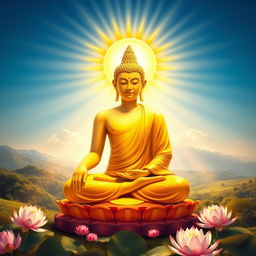 A serene and vivid depiction of Lord Buddha seated peacefully in meditation, surrounded by rays of divine light emanating from God Surya, the Sun God, who is depicted as a radiant figure with golden robes and sun-like features