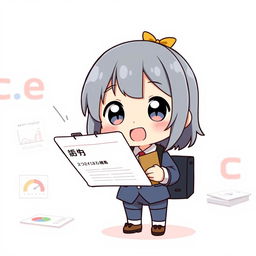 A cute Japanese chibi character dressed in a formal office attire, holding a clipboard and looking excitedly at a report
