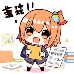 A cute Japanese chibi character dressed in a formal office attire, holding a clipboard and looking excitedly at a report