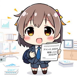 A cute Japanese chibi character dressed in a formal office attire, holding a clipboard and looking excitedly at a report