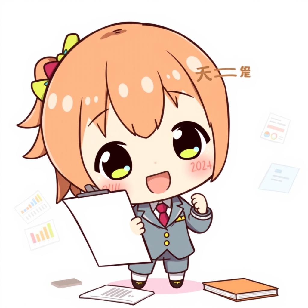 A cute Japanese chibi character dressed in a formal office attire, holding a clipboard and looking excitedly at a report