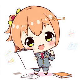A cute Japanese chibi character dressed in a formal office attire, holding a clipboard and looking excitedly at a report