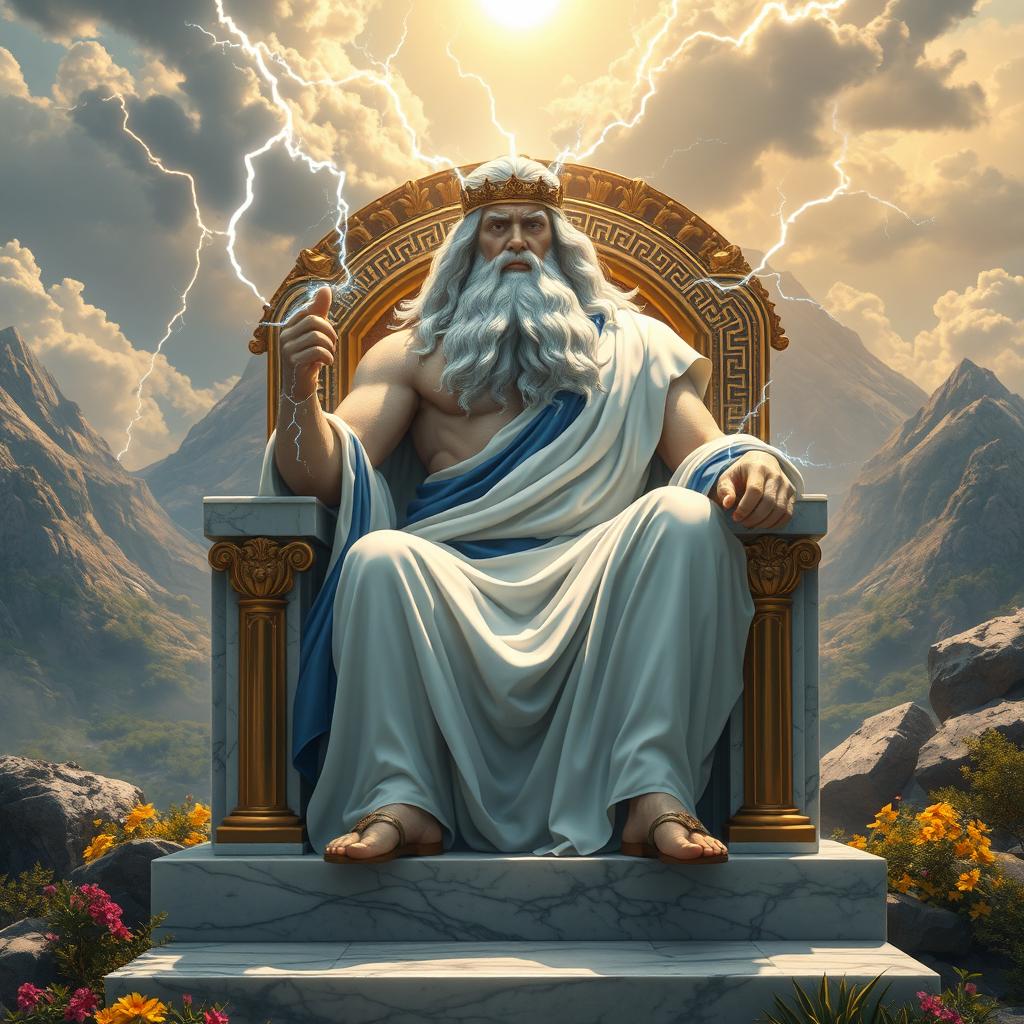 A majestic depiction of King Zeus, the Greek god of thunder, sitting on a grand throne made of marble and adorned with gold