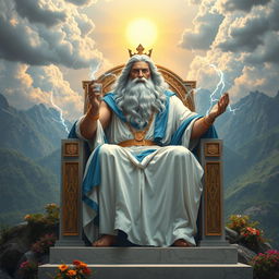 A majestic depiction of King Zeus, the Greek god of thunder, sitting on a grand throne made of marble and adorned with gold
