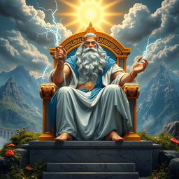 A majestic depiction of King Zeus, the Greek god of thunder, sitting on a grand throne made of marble and adorned with gold