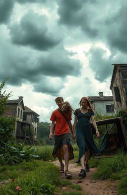 Three friends, two males and one female, exploring an abandoned village surrounded by dark clouds