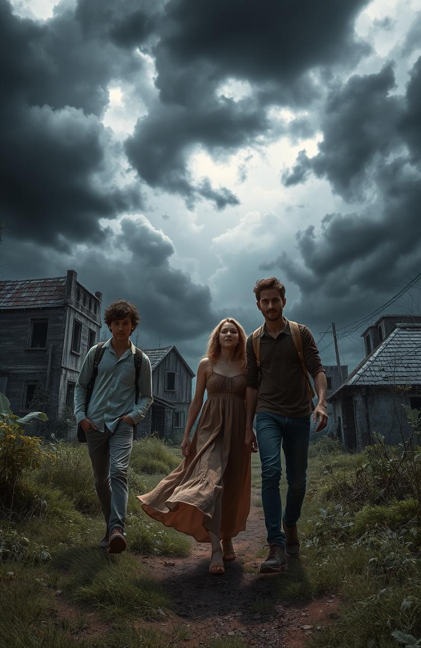 Three friends, two males and one female, exploring an abandoned village surrounded by dark clouds