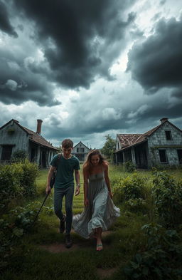 Three friends, two males and one female, exploring an abandoned village surrounded by dark clouds