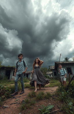 Three friends, two males and one female, exploring an abandoned village surrounded by dark clouds