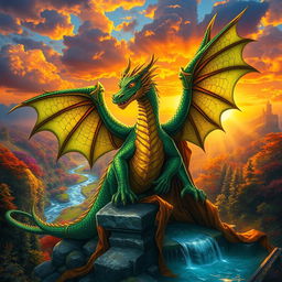 A majestic Dragon King, towering over a lush fantasy landscape, with shimmering emerald scales and intricate golden armor that glistens in the sunlight