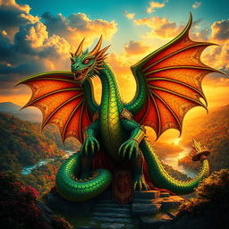 A majestic Dragon King, towering over a lush fantasy landscape, with shimmering emerald scales and intricate golden armor that glistens in the sunlight