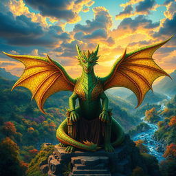 A majestic Dragon King, towering over a lush fantasy landscape, with shimmering emerald scales and intricate golden armor that glistens in the sunlight
