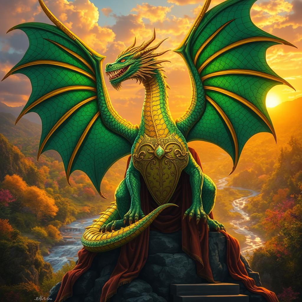 A majestic Dragon King, towering over a lush fantasy landscape, with shimmering emerald scales and intricate golden armor that glistens in the sunlight