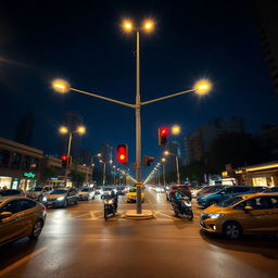 A vibrant urban night scene at a four-way intersection, illuminated by glowing lampposts