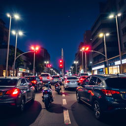 A vibrant urban night scene at a four-way intersection, illuminated by glowing lampposts