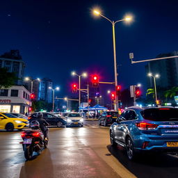 A vibrant urban night scene at a four-way intersection, illuminated by glowing lampposts