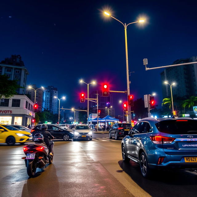 A vibrant urban night scene at a four-way intersection, illuminated by glowing lampposts