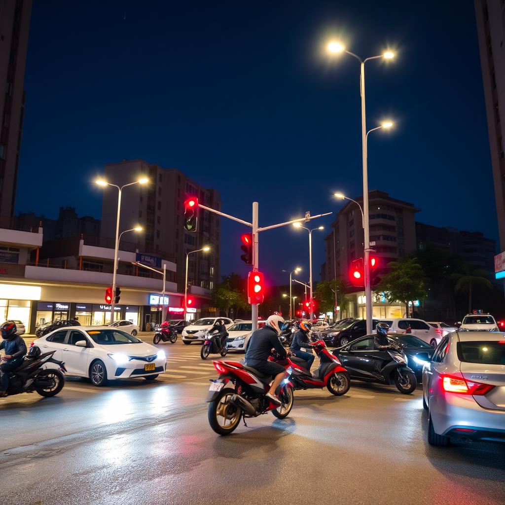 A vibrant urban night scene at a four-way intersection, illuminated by glowing lampposts