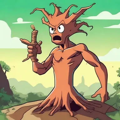 In the cartoon, the character ate a large achira root and suddenly turned into a superhuman.