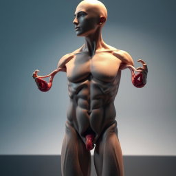 A highly detailed, artistic representation of a human anatomy model showcasing the male reproductive system, emphasizing the anatomical structure and features in a scientific and educational manner