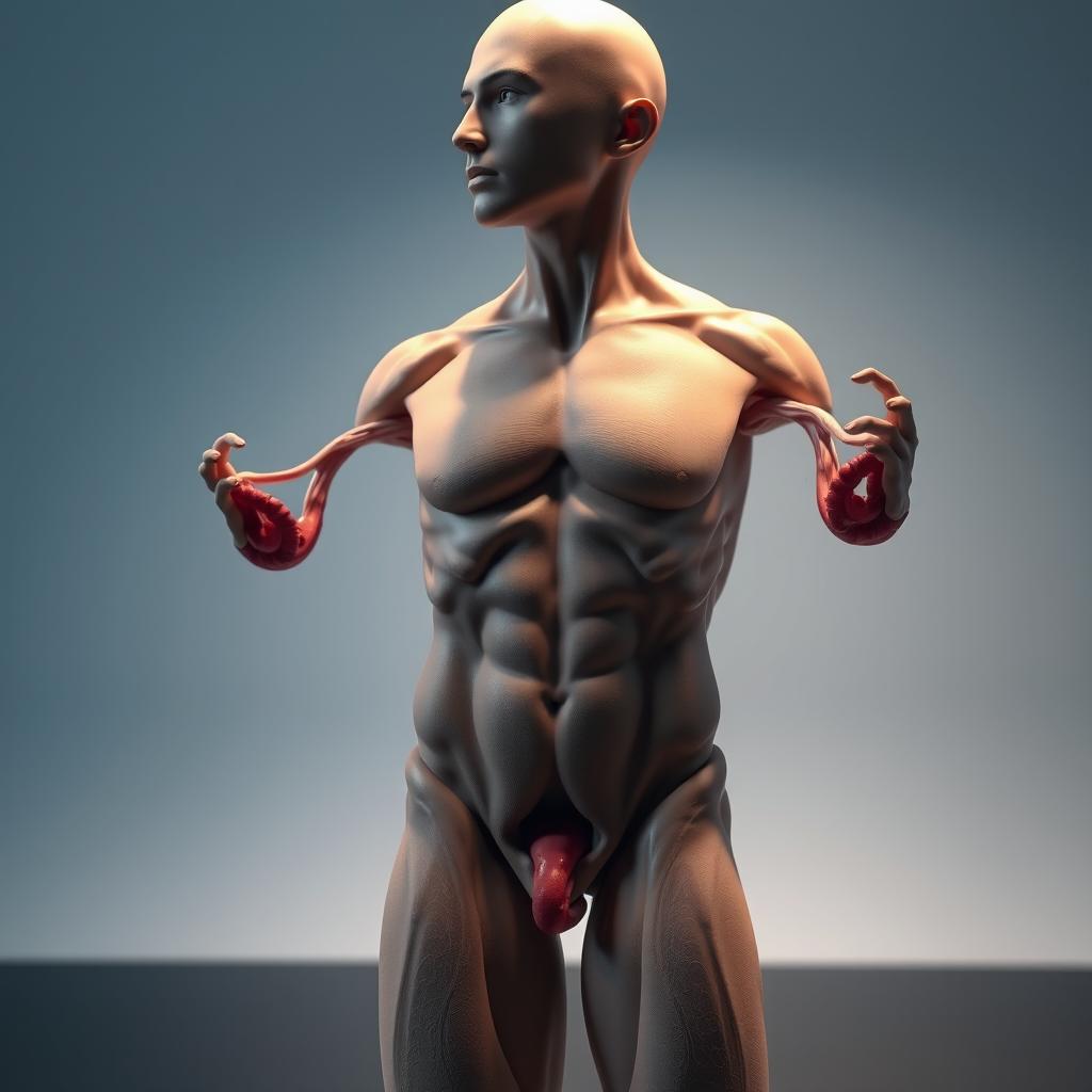 A highly detailed, artistic representation of a human anatomy model showcasing the male reproductive system, emphasizing the anatomical structure and features in a scientific and educational manner