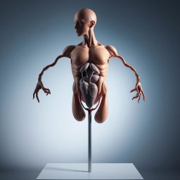 A highly detailed, artistic representation of a human anatomy model showcasing the male reproductive system, emphasizing the anatomical structure and features in a scientific and educational manner