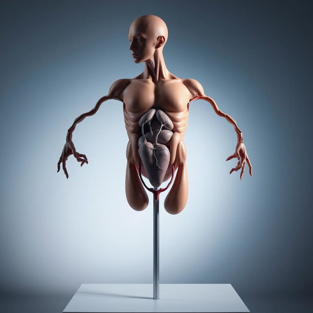 A highly detailed, artistic representation of a human anatomy model showcasing the male reproductive system, emphasizing the anatomical structure and features in a scientific and educational manner
