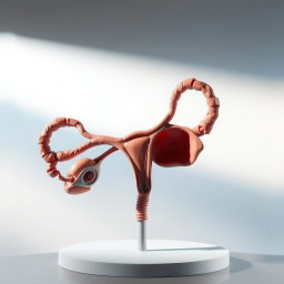 A highly detailed, artistic representation of a human anatomy model showcasing the male reproductive system, emphasizing the anatomical structure and features in a scientific and educational manner