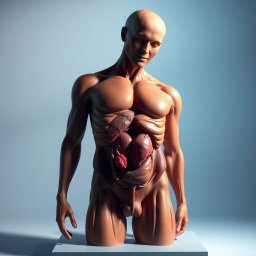A highly detailed, artistic representation of a human anatomy model showcasing the male reproductive system, emphasizing the anatomical structure and features in a scientific and educational manner