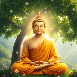 A serene and peaceful depiction of Lord Buddha, seated in a meditative pose under a lush Bodhi tree, with soft, radiant light emanating from his figure