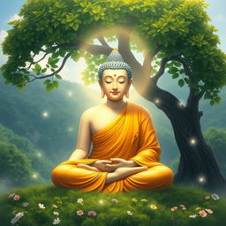 A serene and peaceful depiction of Lord Buddha, seated in a meditative pose under a lush Bodhi tree, with soft, radiant light emanating from his figure
