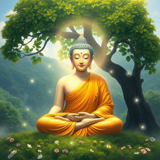 A serene and peaceful depiction of Lord Buddha, seated in a meditative pose under a lush Bodhi tree, with soft, radiant light emanating from his figure