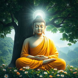 A serene and peaceful depiction of Lord Buddha, seated in a meditative pose under a lush Bodhi tree, with soft, radiant light emanating from his figure