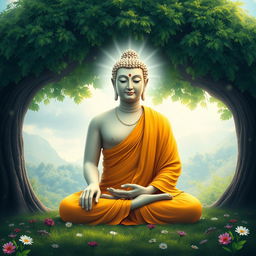 A serene and peaceful depiction of Lord Buddha, seated in a meditative pose under a lush Bodhi tree, with soft, radiant light emanating from his figure
