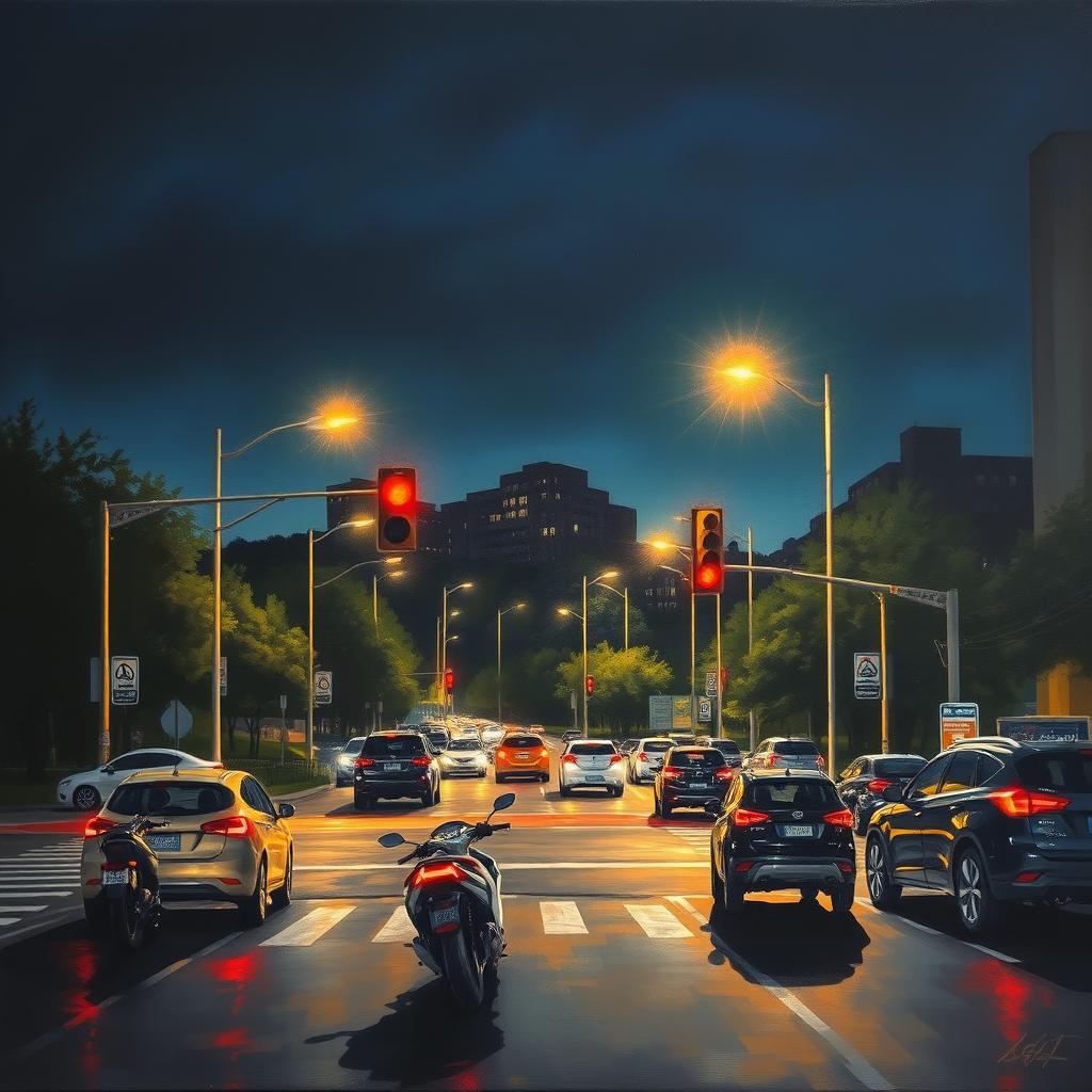 A beautifully detailed painting of a nighttime urban scene at a four-way intersection