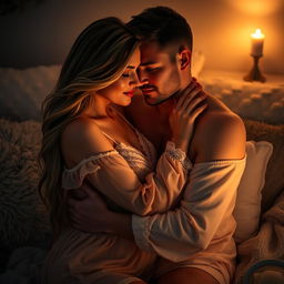 An intimate and romantic setting featuring a couple embracing under soft candlelight