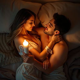 An intimate and romantic setting featuring a couple embracing under soft candlelight